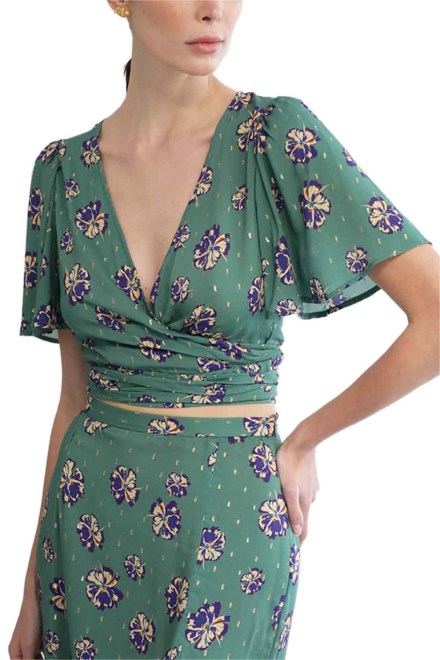 Wraparound Top With Puff Sleeves And Midi Aimee green floral